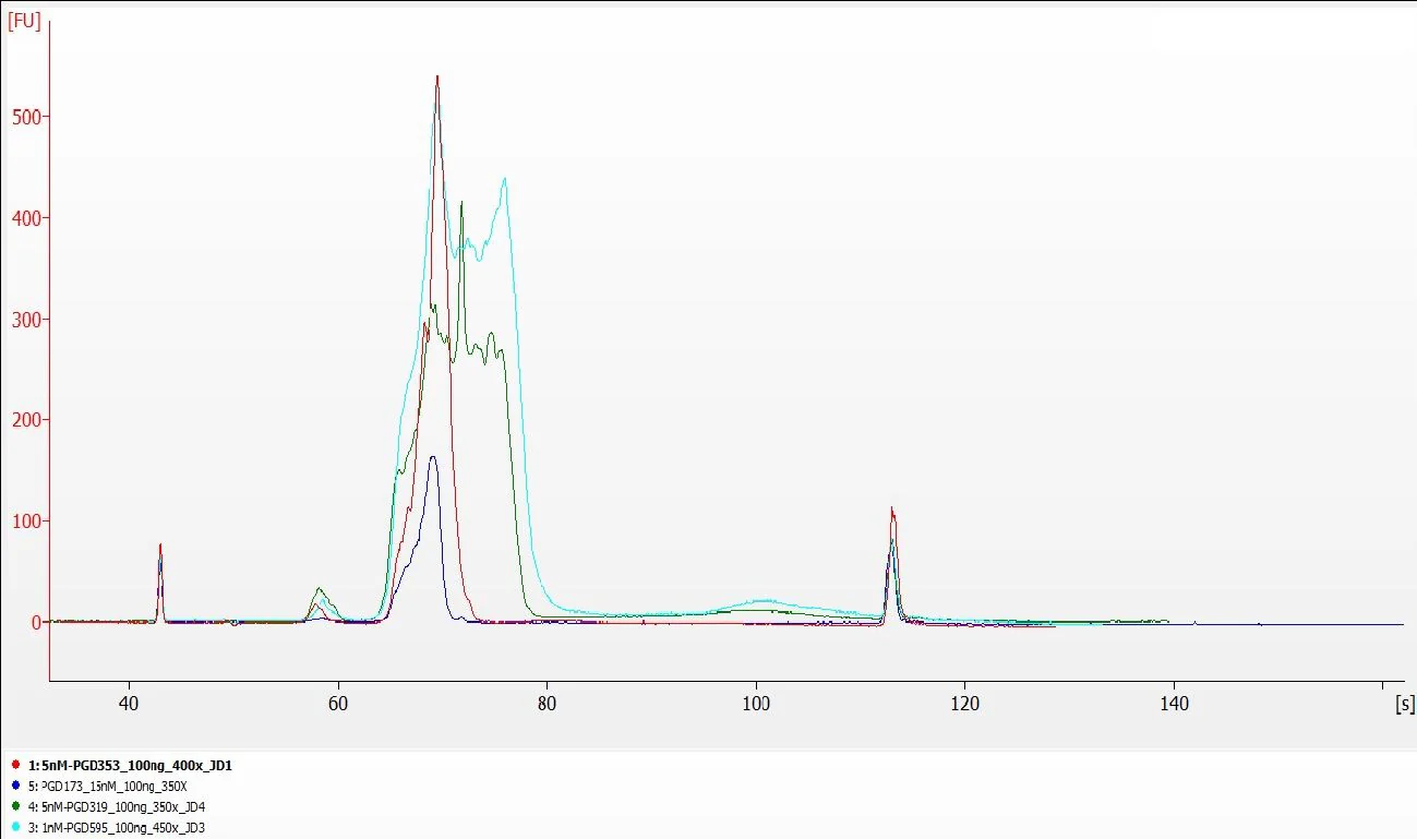 BioAnalyzer traces of AgriType libraries from corn, tomato, cotton and soybean: a clear library peak and negligible background noise.
